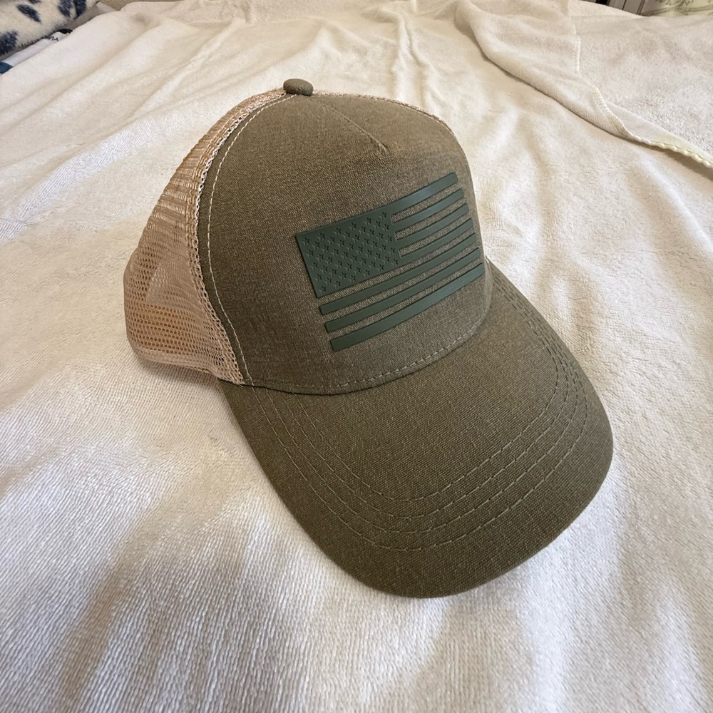 Green and Tan Trucker Hat with Flag Patch